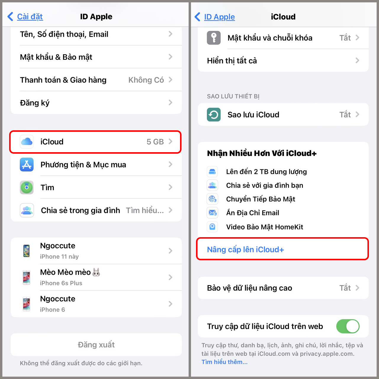 Bước 1: Vào Cài đặt => chọn mục iCloud => chọn Nâng cấp lên iCloud+